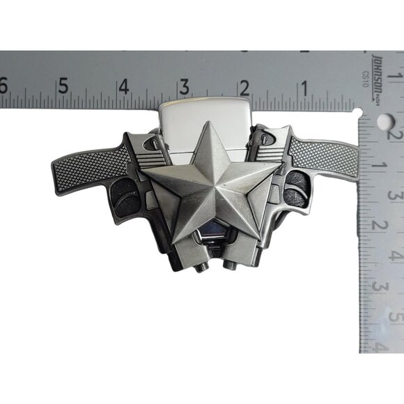 Dual Guns Vintage Silver Metal Lighter Belt Buckle - Free Engraving On Lighter - Picture 8 of 10